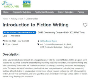 Introduction to Fiction Writing; Vancouver